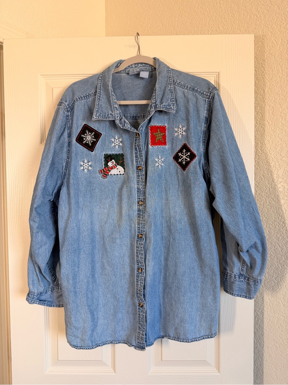 Holiday Editions Blue Denim 100% Cotton Shirt Snowflake Embroidery Winter 3X